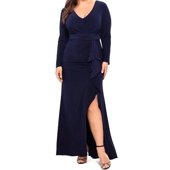 Betsey & Adam Plus Size Long Sleeve V-Neck Cascade Ruffle Front Slit Gown, Navy - Picture 1 of 13